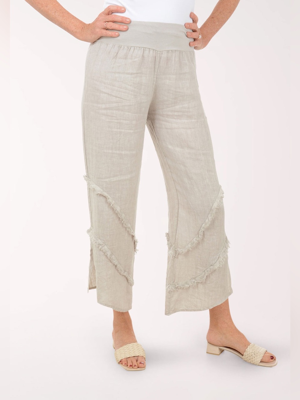 Meo Meli Frayed 100% Linen Wide Leg Palazzo Pant Sz M